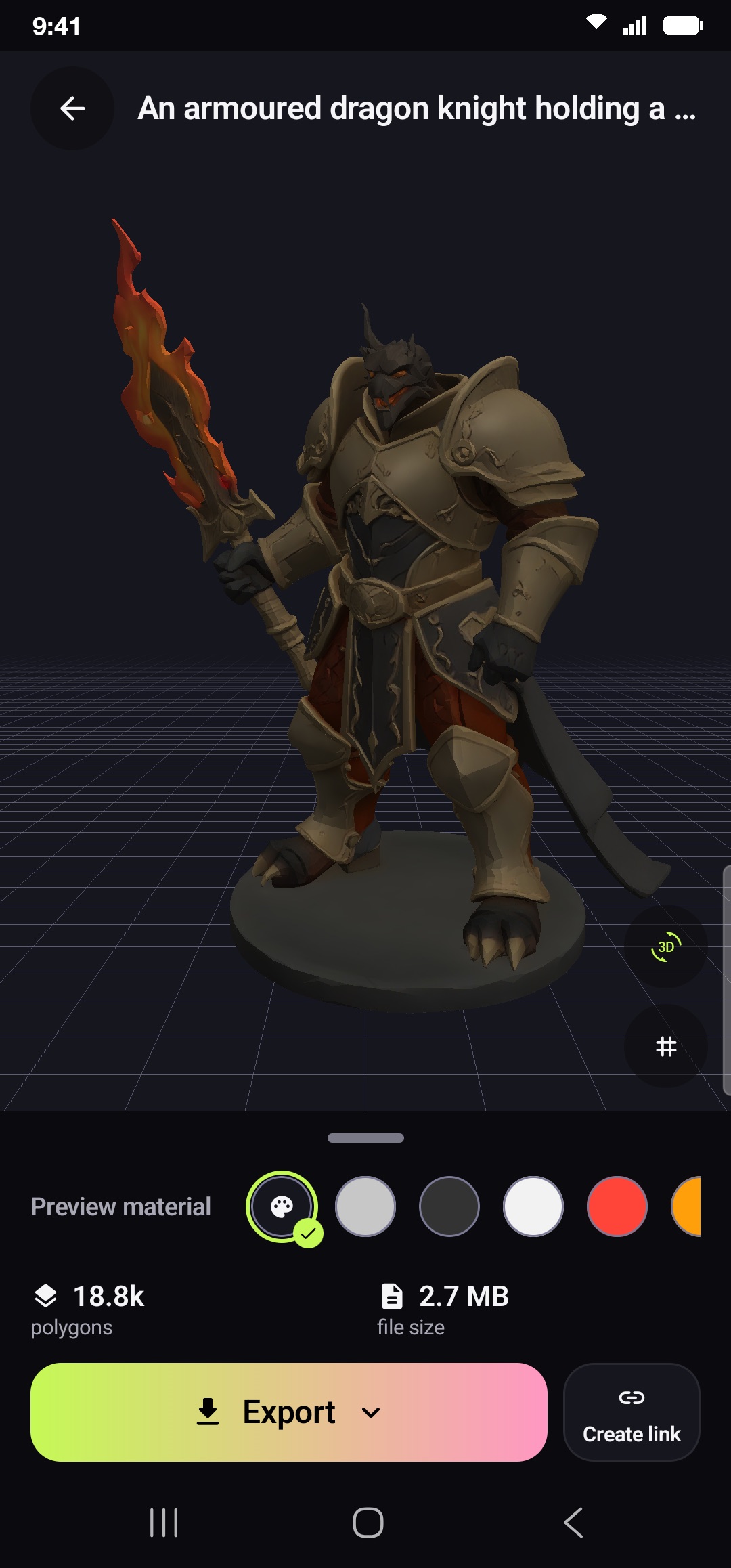 A dragon knight forged in MeshForge 3D, shown in the 3D inspector